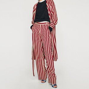 Zara Red Maroon Burgundy Stripe Wide Pant Trouser